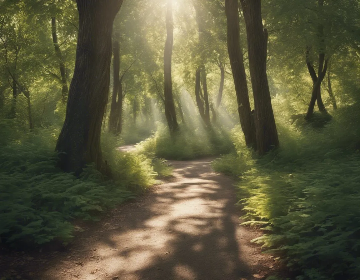 A sunlit dirt path winding through a green forest